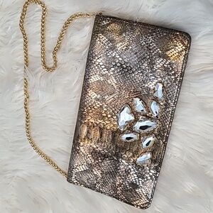 Inge Christopher leather snakeskin clutch Gold Silver Beaded Art Deco New‎ Year